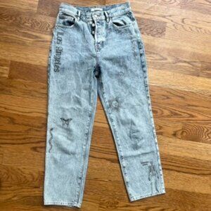 PACSUN High Rise Straight Leg Tattoo Print Light Wash Jeans – Size 26